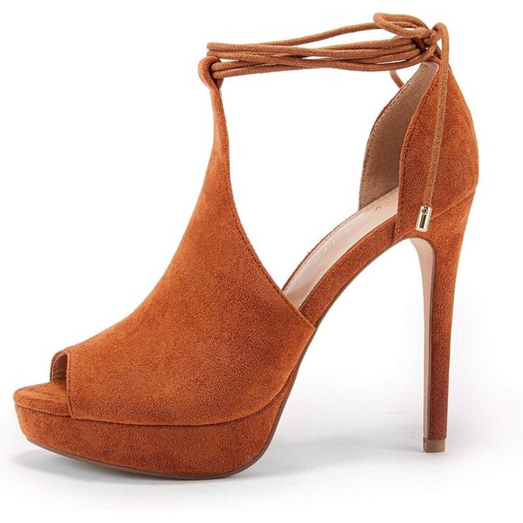 Womens Khaki Peep Toe Platform Stiletto Heels Lace-Up Strappy Dress Sandals - Picture 5 of 6